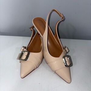 Forever 21 Beige Slingback Heels with Metallic Buckle, pointed toe sandal